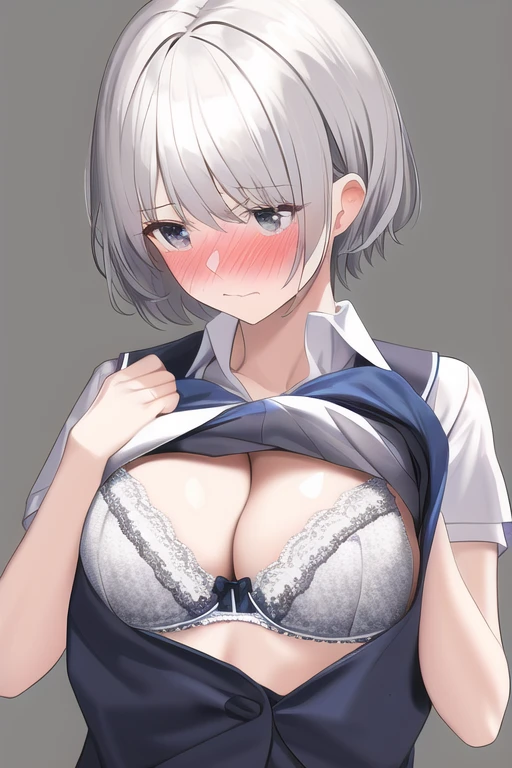 [NovelAI] Very short hair Short hair Embarrassed Self-massage of breasts Bra Masterpiece School uniform [Illustration]
